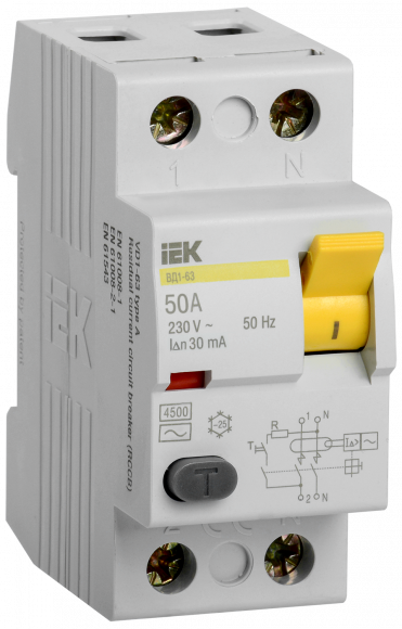 IEK Выключатель дифференциальный (УЗО) ВД1-63 2Р 50А 30мА IEK, MDV10-2-050-030