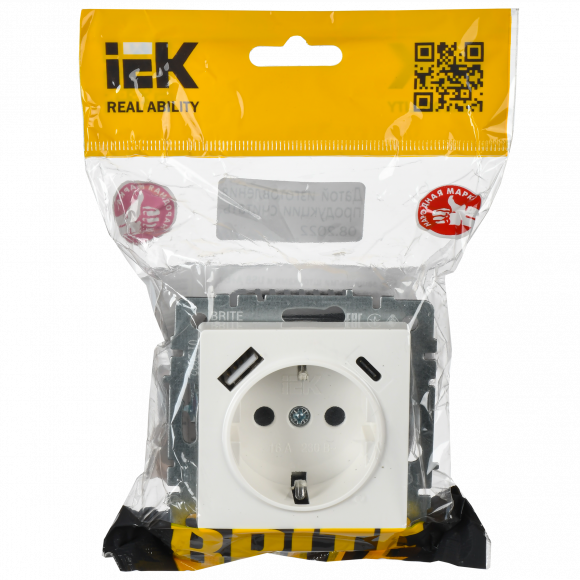 IEK BRITE Розетка 1-местная с заземлением с защитными шторками 16А с USB A+C 18Вт РЮш11-1-БрБ белый , BR-R14-16-U22-018-K01