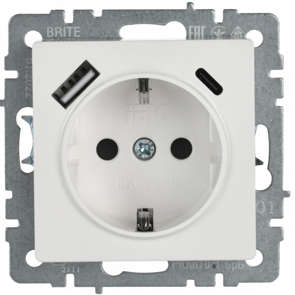 IEK BRITE Розетка 1-местная с заземлением с защитными шторками 16А с USB A+C 18Вт РЮш11-1-БрБ белый , BR-R14-16-U22-018-K01