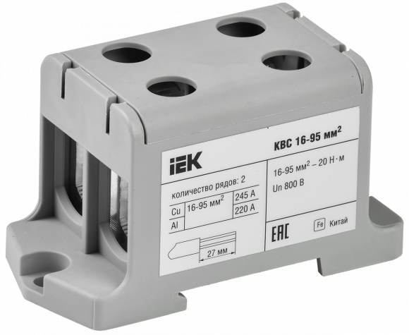 IEK Клемма вводная силовая КВС 16-95 кв.мм. 2-рядная серая IEK, YZN13-095-K03