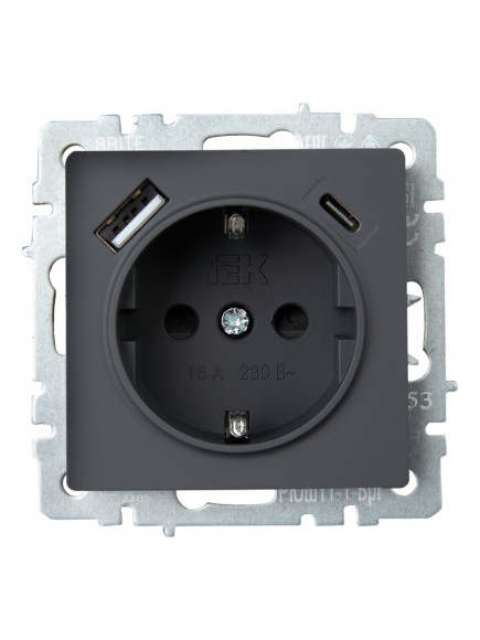 IEK BRITE Розетка 1-местная с заземлением с защитными шторками 16А с USB A+C 18Вт РЮш11-1-БрГ графит , BR-R14-16-U22-018-K53
