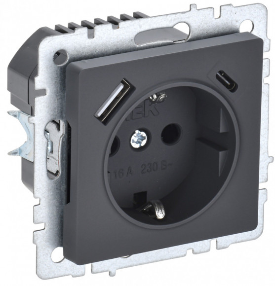 IEK BRITE Розетка 1-местная с заземлением с защитными шторками 16А с USB A+C 18Вт РЮш11-1-БрГ графит IEK, BR-R14-16-U22-018-K53