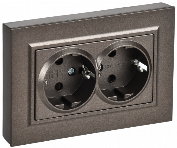 IEK BRITE Розетка 2-местная с заземлением с защитными шторками плоская 16А в сборе РСшПл12-3-БрТБ темная бронза , BR-R28-16-K45-F