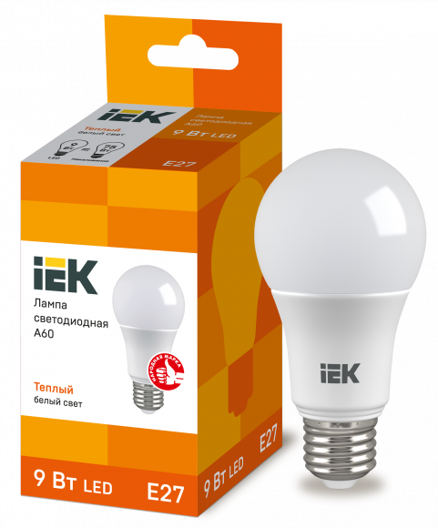 IEK Лампа светодиодная A60 груша 9Вт 230В 3000К E27 IEK, LLE-A60-9-230-30-E27