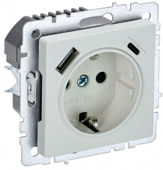 IEK BRITE Розетка 1-местная с заземлением с защитными шторками 16А с USB A+C 18Вт РЮш11-1-БрЖ жемчуг IEK, BR-R14-16-U22-018-K36