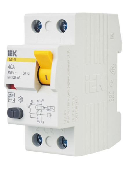 IEK Выключатель дифференциальный (УЗО) ВД1-63 2Р 40А 300мА IEK, MDV10-2-040-300