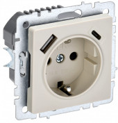 BRITE Розетка 1-местная с заземлением с защитными шторками 16А с USB A+C 18Вт РЮш11-1-БрКр бежевый , BR-R14-16-U22-018-K10