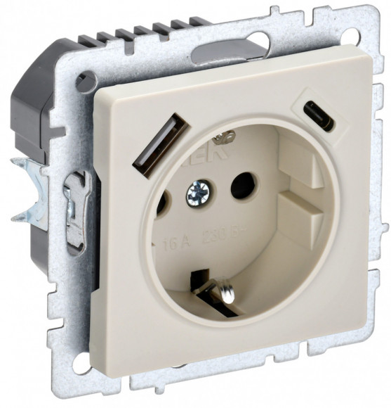 IEK BRITE Розетка 1-местная с заземлением с защитными шторками 16А с USB A+C 18Вт РЮш11-1-БрКр бежевый IEK, BR-R14-16-U22-018-K10