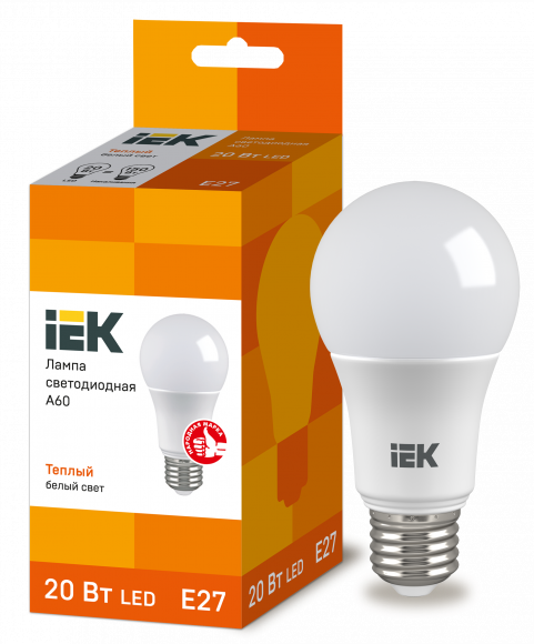 IEK Лампа светодиодная A60 груша 20Вт 230В 3000К E27 IEK, LLE-A60-20-230-30-E27