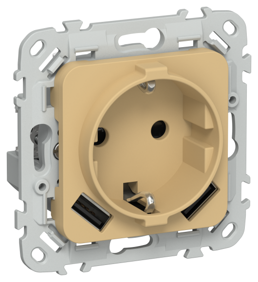 IEK FLITE Розетка 1-местная с заземлением с защитными шторками 16А с USB A+A 3,1А РСЮша11-0-ФлШм шамуа IEK, FI-R14-16-U21-D31-K89