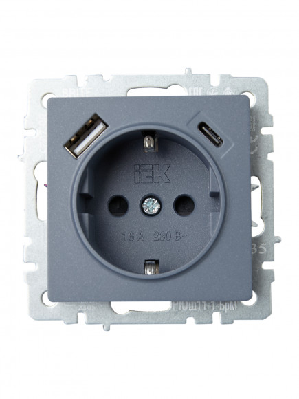 IEK BRITE Розетка 1-местная с заземлением с защитными шторками 16А с USB A+C 18Вт РЮш11-1-БрМ маренго , BR-R14-16-U22-018-K35