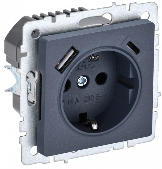IEK BRITE Розетка 1-местная с заземлением с защитными шторками 16А с USB A+C 18Вт РЮш11-1-БрМ маренго IEK, BR-R14-16-U22-018-K35