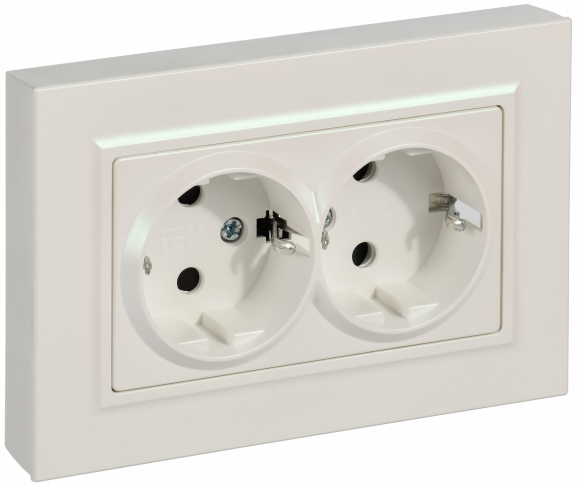 IEK BRITE Розетка 2-местная с заземлением с защитными шторками плоская 16А в сборе РСшПл12-3-БрЖ жемчуг , BR-R28-16-K36-F