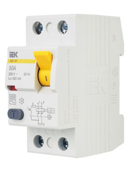 IEK Выключатель дифференциальный (УЗО) ВД1-63 2Р 50А 300мА IEK, MDV10-2-050-300