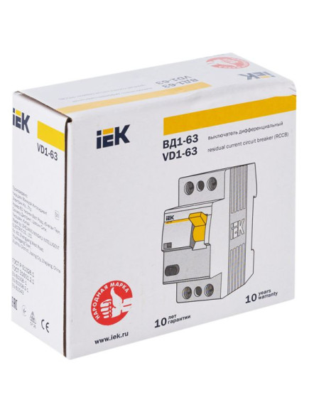 IEK Выключатель дифференциальный (УЗО) ВД1-63 2Р 50А 300мА IEK, MDV10-2-050-300