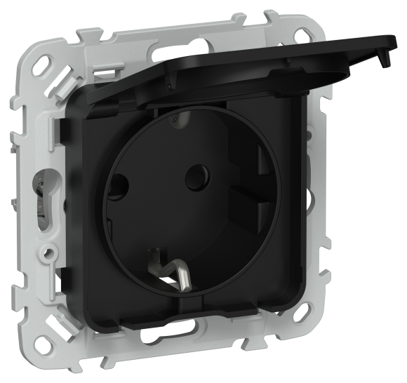 IEK FLITE Розетка с заземлением с защитными шторками и крышкой безвинтовое крепление 16А IP44 РСшкр11-1-44-ФлЧ черный IEK, FI-R16-16-1-44-K02