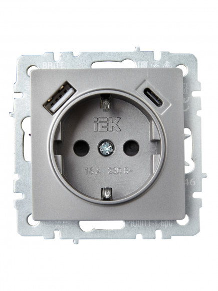 IEK BRITE Розетка 1-местная с заземлением с защитными шторками 16А с USB A+C 18Вт РЮш11-1-БрС сталь , BR-R14-16-U22-018-K46