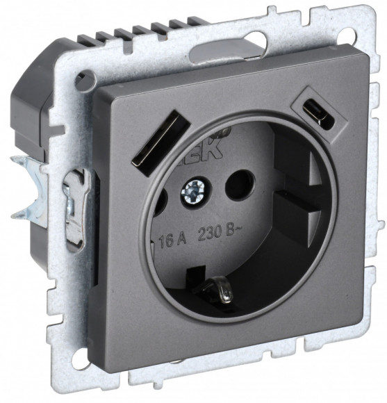 IEK BRITE Розетка 1-местная с заземлением с защитными шторками 16А с USB A+C 18Вт РЮш11-1-БрС сталь IEK, BR-R14-16-U22-018-K46