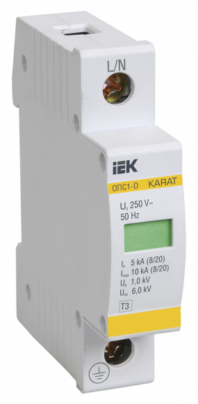 IEK KARAT Ограничитель импульсного перенапряжения ОПС1-D 1P In=5кА Un=230В Im=10кА IEK, MOP20-1-D