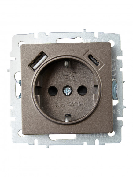IEK BRITE Розетка 1-местная с заземлением с защитными шторками 16А с USB A+C 18Вт РЮш11-1-БрТБ темная бронза , BR-R14-16-U22-018-K45