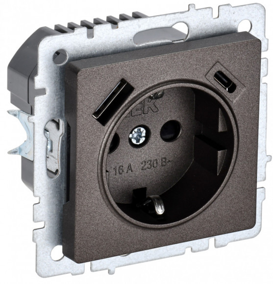 IEK BRITE Розетка 1-местная с заземлением с защитными шторками 16А с USB A+C 18Вт РЮш11-1-БрТБ темная бронза IEK, BR-R14-16-U22-018-K45