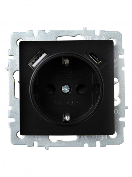 IEK BRITE Розетка 1-местная с заземлением с защитными шторками 16А с USB A+C 18Вт РЮш11-1-БрЧ черный , BR-R14-16-U22-018-K02