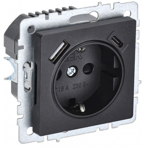 IEK BRITE Розетка 1-местная с заземлением с защитными шторками 16А с USB A+C 18Вт РЮш11-1-БрЧ черный IEK, BR-R14-16-U22-018-K02