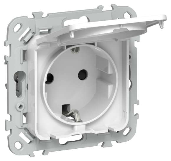 IEK FLITE Розетка с заземлением с защитными шторками и крышкой 16А IP44 РСшкр11-0-44-ФлБ белый IEK, FI-R16-16-44-K01