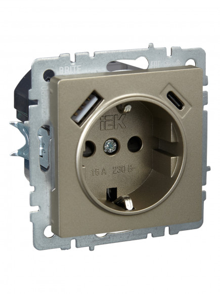 IEK BRITE Розетка 1-местная с заземлением с защитными шторками 16А с USB A+C 18Вт РЮш11-1-БрШ шампань , BR-R14-16-U22-018-K37