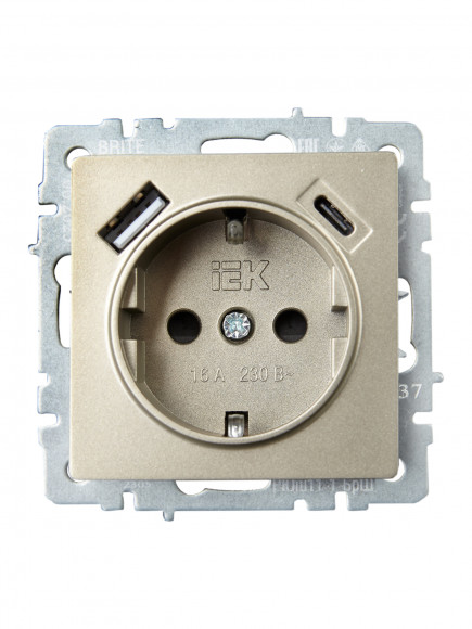 IEK BRITE Розетка 1-местная с заземлением с защитными шторками 16А с USB A+C 18Вт РЮш11-1-БрШ шампань , BR-R14-16-U22-018-K37