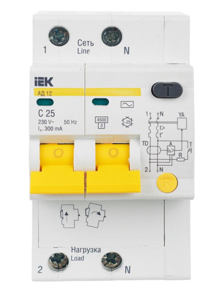 IEK KARAT Дифференциальный автомат АД12 2P 25А 300мА тип AC IEK, MAD10-2-025-C-300