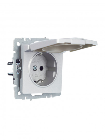 IEK BRITE Розетка 1-местная с заземлением с защитными шторками и крышкой 16А IP20 РСбш10-3-БрА алюминий , BR-R16-16-K47
