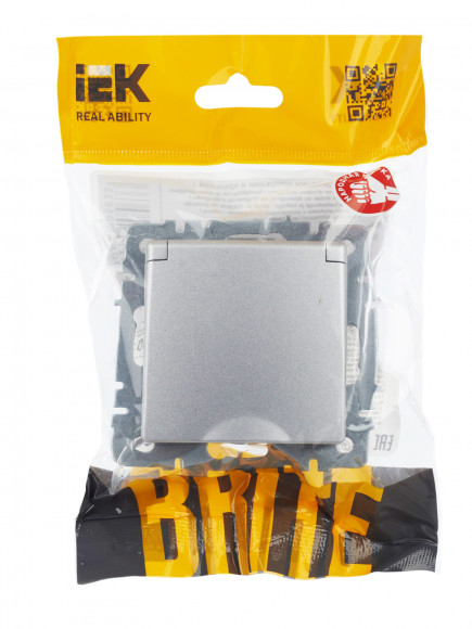 IEK BRITE Розетка 1-местная с заземлением с защитными шторками и крышкой 16А IP20 РСбш10-3-БрА алюминий , BR-R16-16-K47