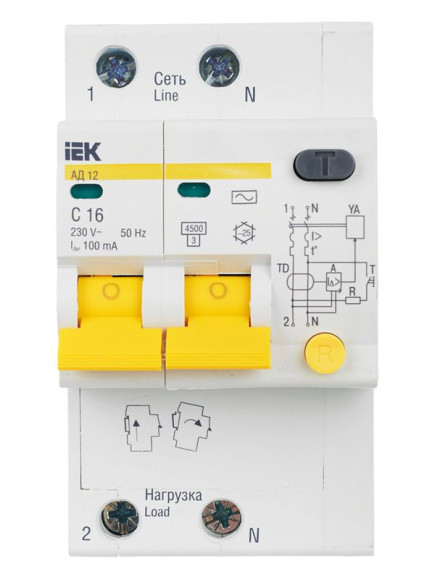 IEK KARAT Дифференциальный автомат АД12 2P 16А 100мА тип AC IEK, MAD10-2-016-C-100