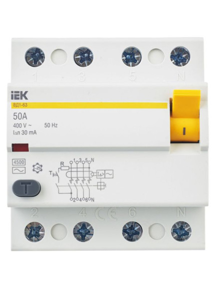 IEK Выключатель дифференциальный (УЗО) ВД1-63 4Р 50А 30мА IEK, MDV10-4-050-030 IEK Выключатель дифференциальный (УЗО) ВД1-63 4Р 50А 30мА IEK, MDV10-4-050-030