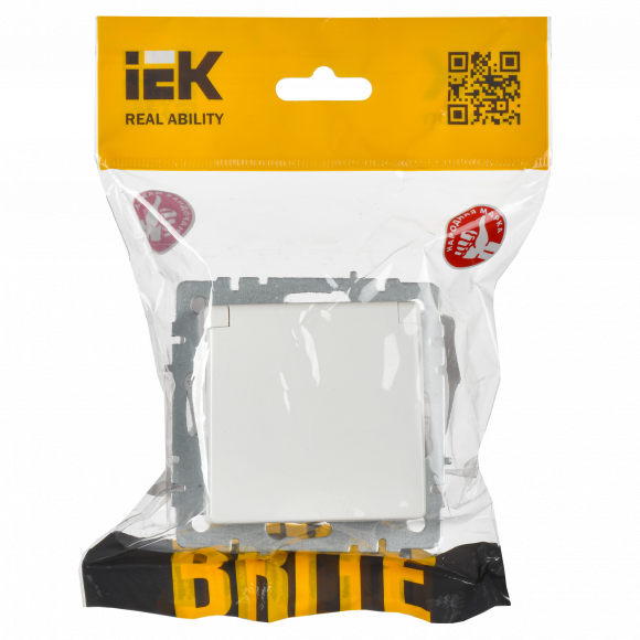 IEK BRITE Розетка 1-местная с заземлением с защитными шторками и крышкой 16А IP20 РСбш10-3-БрБ белый , BR-R16-16-K01