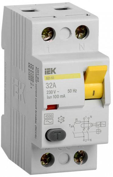 IEK Выключатель дифференциальный (УЗО) ВД1-63 2Р 32А 100мА IEK, MDV10-2-032-100