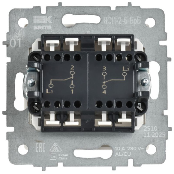IEK BRITE Выключатель 2-клавишный проходной 10А безвинтовое крепление ВС11-2-6-БрБ белый IEK, BR-V22-0-10-1-K01