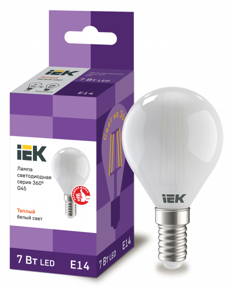 IEK Лампа светодиодная G45 шар матовая 7Вт 230В 3000К E14 серия 360° IEK, LLF-G45-7-230-30-E14-FR