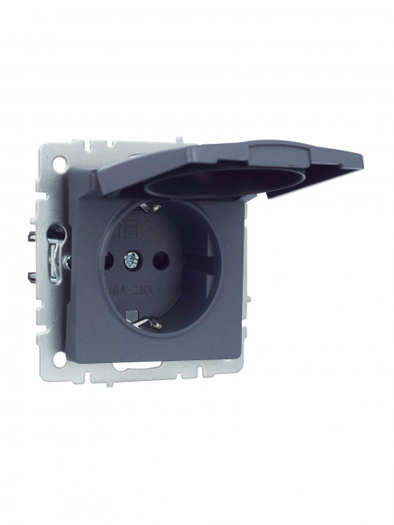 IEK BRITE Розетка 1-местная с заземлением с защитными шторками и крышкой 16А IP20 РСбш10-3-БрМ маренго , BR-R16-16-K35