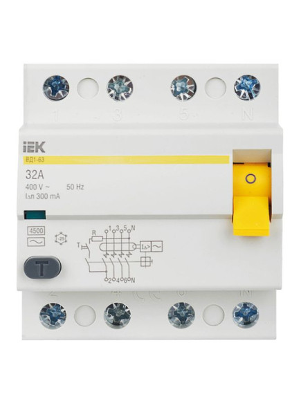 IEK Выключатель дифференциальный (УЗО) ВД1-63 4Р 32А 300мА IEK, MDV10-4-032-300
