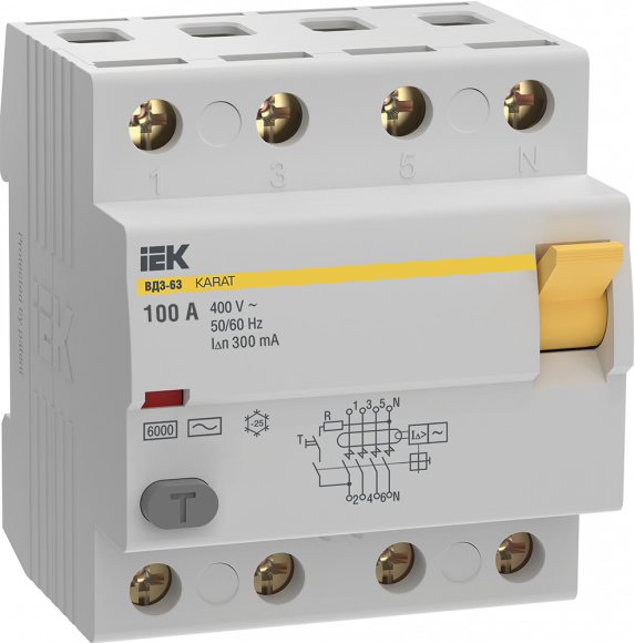 IEK Выключатель дифференциальный (УЗО) KARAT ВД3-63 4P 100А 300мА 6кА тип AC IEK, MDV20-4-100-300