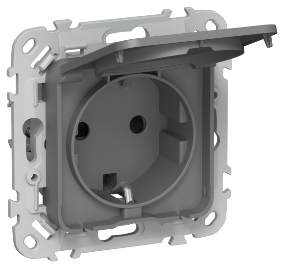 IEK FLITE Розетка с заземлением с защитными шторками и крышкой безвинтовое крепление 16А IP44 РСшкр11-1-44-ФлМА мокрый асфальт IEK, FI-R16-16-1-44-K80