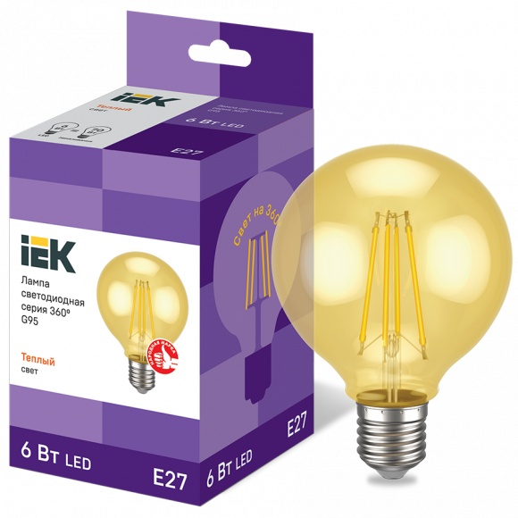 IEK Лампа светодиодная G95 шар золото 6Вт 230В 2700К E27 серия 360° IEK, LLF-G95-6-230-30-E27-CLG