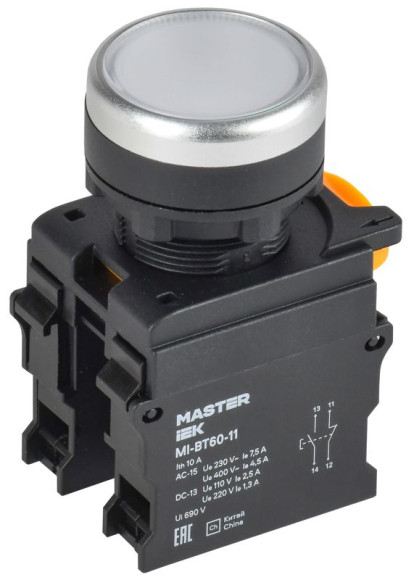 IEK Кнопка d=22мм 1NO+1NC белая MASTER IEK, MI-BT60-11-3-22-K01