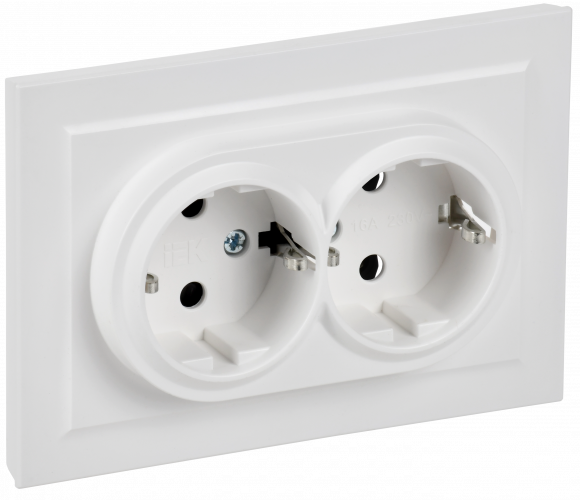 IEK BRITE Розетка 2-местная с заземлением без защитных шторок 16А в сборе РС12-3-БрАБ арктический белый , BR-R21-16-K91-F