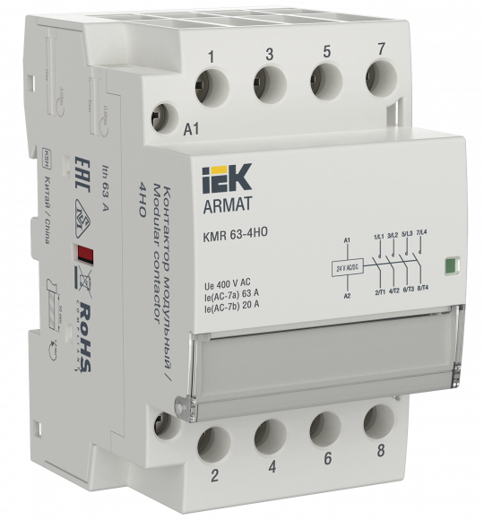 IEK ARMAT Контактор модульный KMR 63А 24В AC/DC 4НО IEK, AR-KMR20-063-40-024