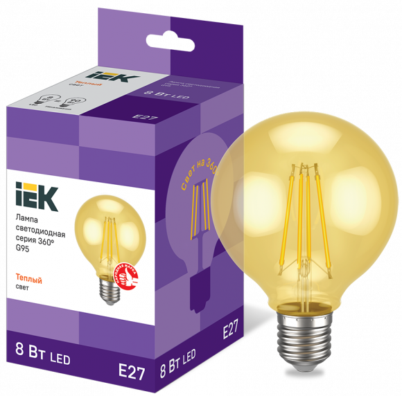 IEK Лампа светодиодная G95 шар золото 8Вт 230В 2700К E27 серия 360° IEK, LLF-G95-8-230-30-E27-CLG