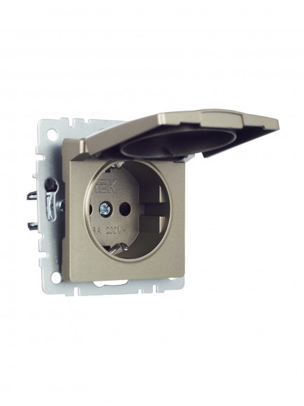 IEK BRITE Розетка 1-местная с заземлением с защитными шторками и крышкой 16А IP20 РСбш10-3-БрШ шампань , BR-R16-16-K37