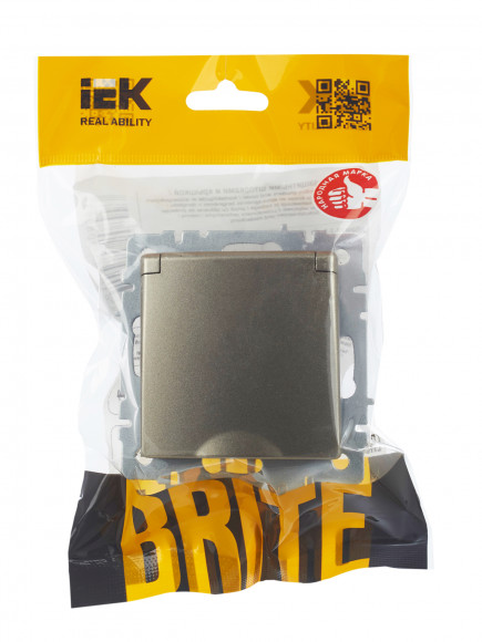 IEK BRITE Розетка 1-местная с заземлением с защитными шторками и крышкой 16А IP20 РСбш10-3-БрШ шампань , BR-R16-16-K37